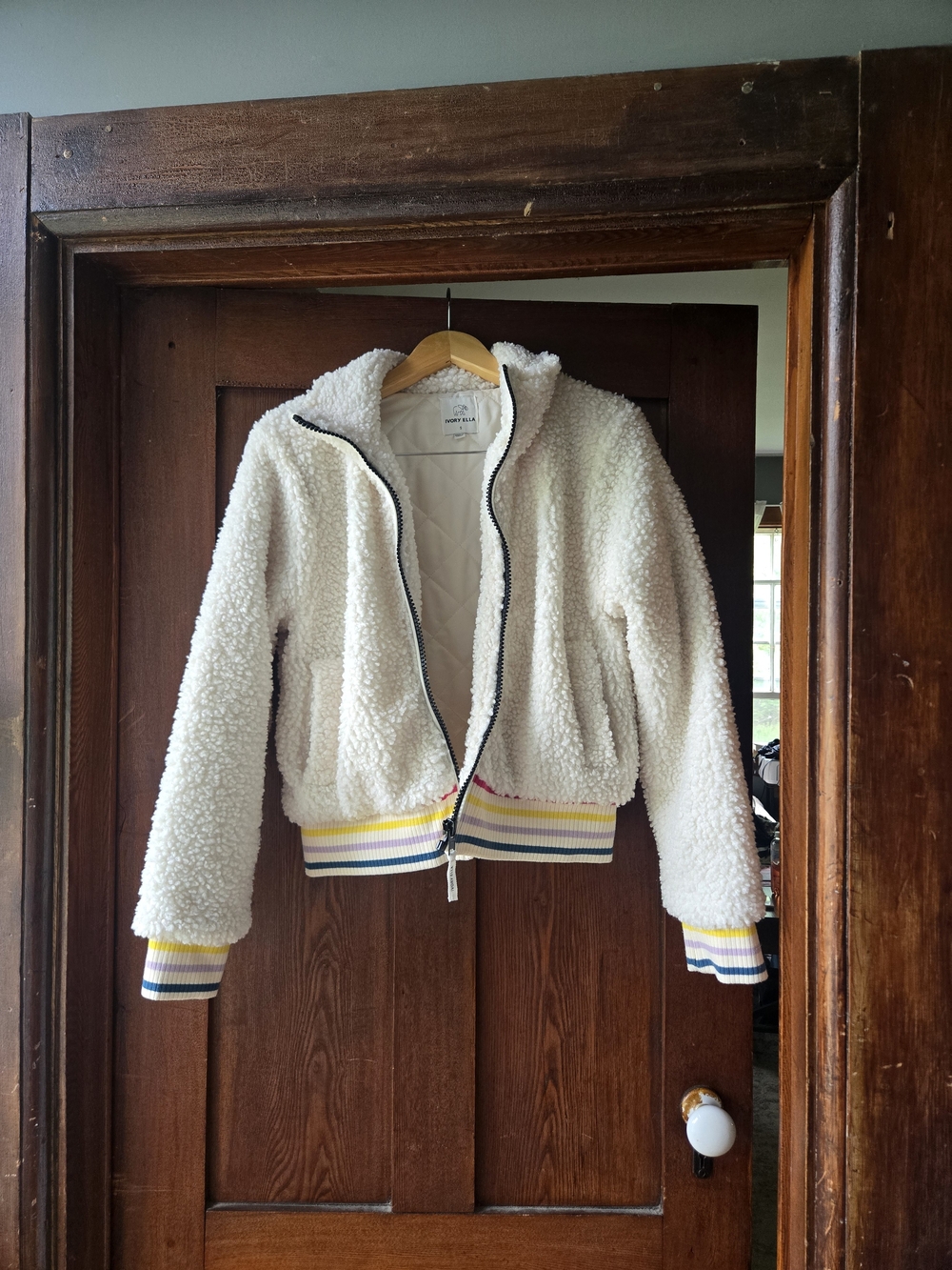 ivory ella Cream Sherpa Zip Jacket with Rainbow Trim